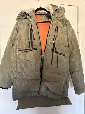 Olive Green Puffer Jacket with Orange Lining